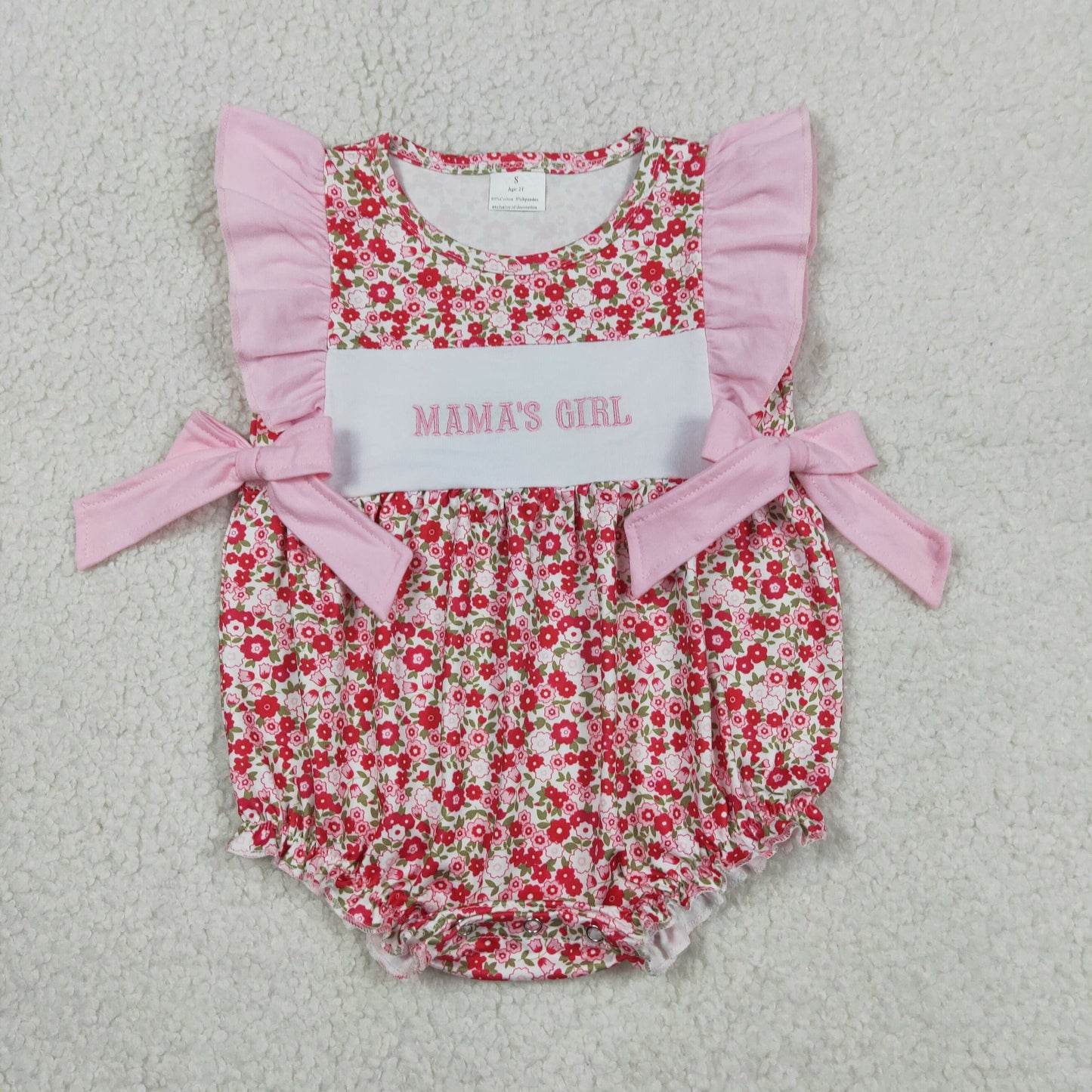 Baby Girls Kids Short Sleeves Embroidery Mama's Girl Flower Pink Bows Romper