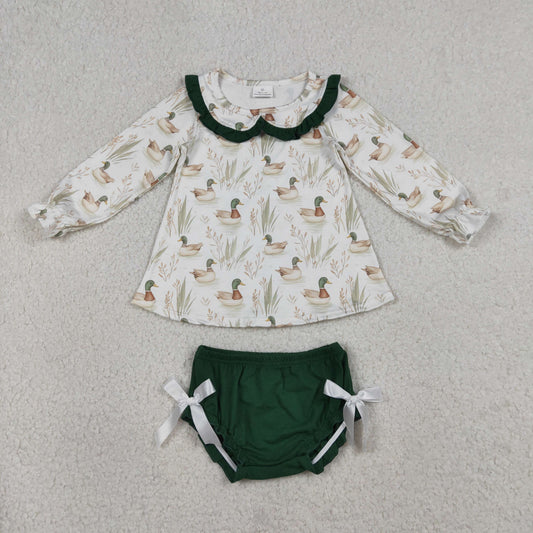 RTS Baby Girls Kids Long Sleeves Ducks Shirt Green Bummie Shirt Set