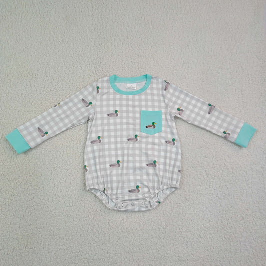 Baby Boys Infant Long Sleeves Embroidery Ducks Checked Pocket Romper Clothes
