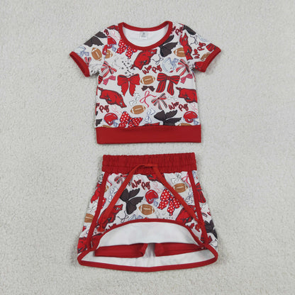 Sibling Baby Girls Toddler Short Sleeves Bows Football Team Shirts Shorts Yoga Sets