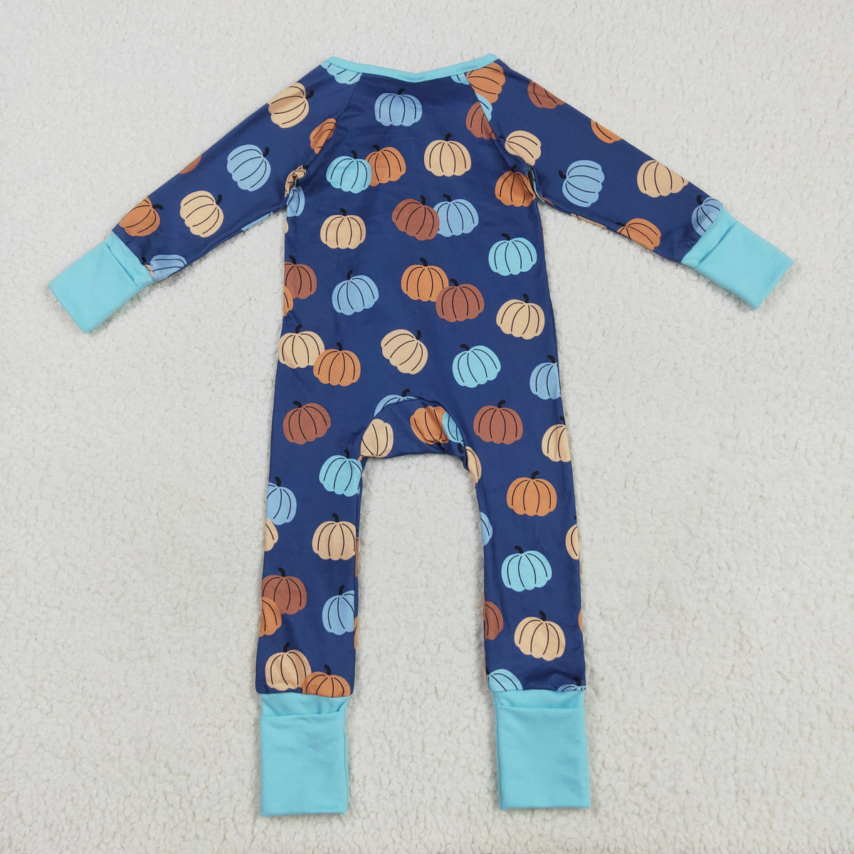 Baby Boy Long Sleeves Pumpkins Blue Zipper Fall Romper Thanksgiving