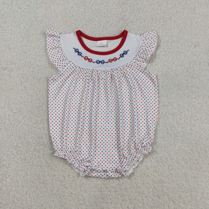 Baby Girls Kids Short Sleeves Embroidery Red Blue Bows Dots 4th of July Bubble Romper