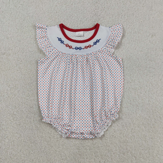 Baby Girls Kids Short Sleeves Embroidery Red Blue Bows Dots 4th of July Bubble Romper