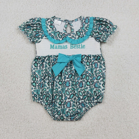 RTS Baby Girls Embroidery Smocked Mama's Bestie Turquoise Print Green Bows Western Summer Bubble Romper