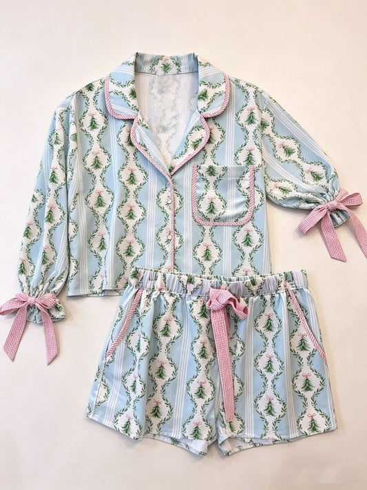 Moq 5 Preorder Baby Girls Kids Christmas Tree Bows Buttons Shirt Pockets Shorts Blue Pajamas Set Clothes
