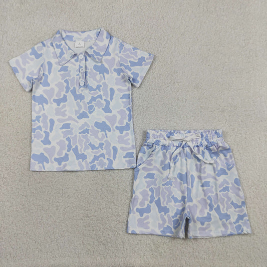 Baby Boys Kids Short Sleeves Buttons Shirt Blue Camo Pockets Shorts Set Clothes