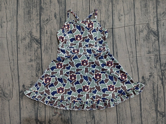 Preorder Baby Girls Kids Straps Green Camo Print Team Yoga Ruffle Knee Length Dress