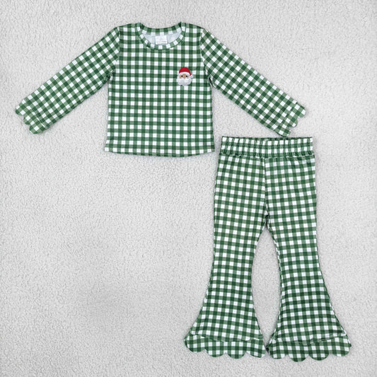 Baby Girls Kids Embroidery Christmas Santa Scallop Tops Green Plaid Scalloped Pants Set Clothes