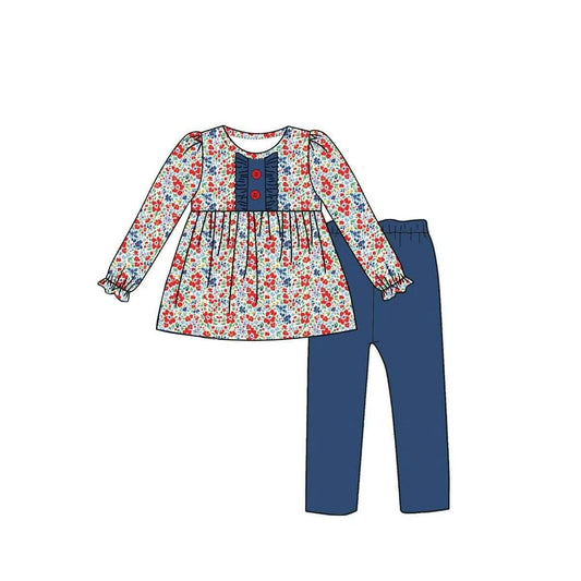 Moq 5 Preorder Baby Girls Kids Long Sleeves Floral Buttons Tunic Blue Pants Set Clothes