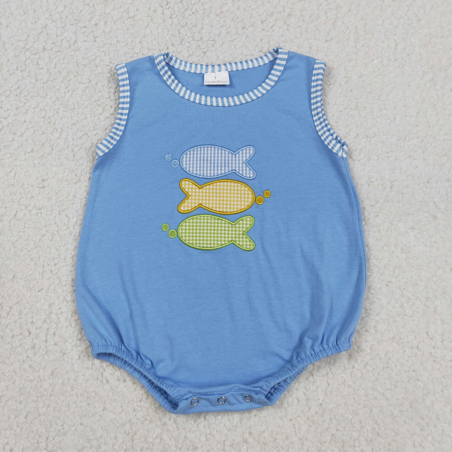 Baby Boys Infant Sleeveless Embroidery Fish Blue Bubble Summer Romper
