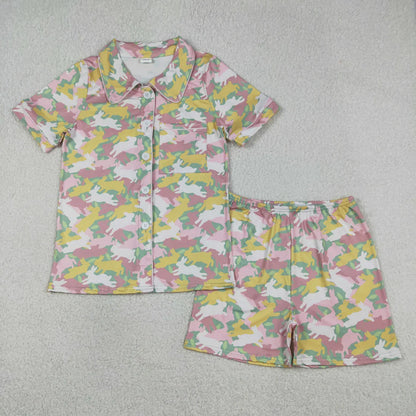 RTS Sibling Baby Girls Adult Women Short Sleeves Rabbits Camo Easter Romper Dress Pajamas Sets