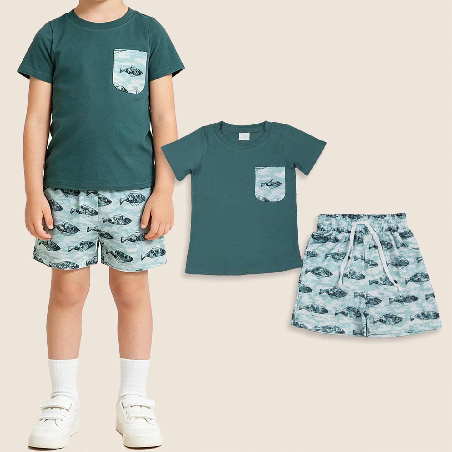 Baby Boys Kids Short Sleeves Pocket Green Shirt Pockets Fish Shorts Set