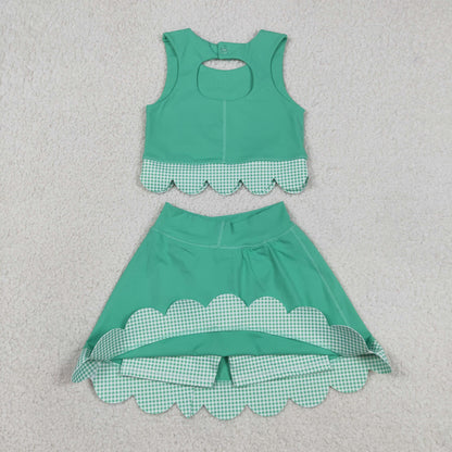 Baby Girls Sleeveless Green Tops Bows Skirt Shorts Yoga Clothes Scallop Set