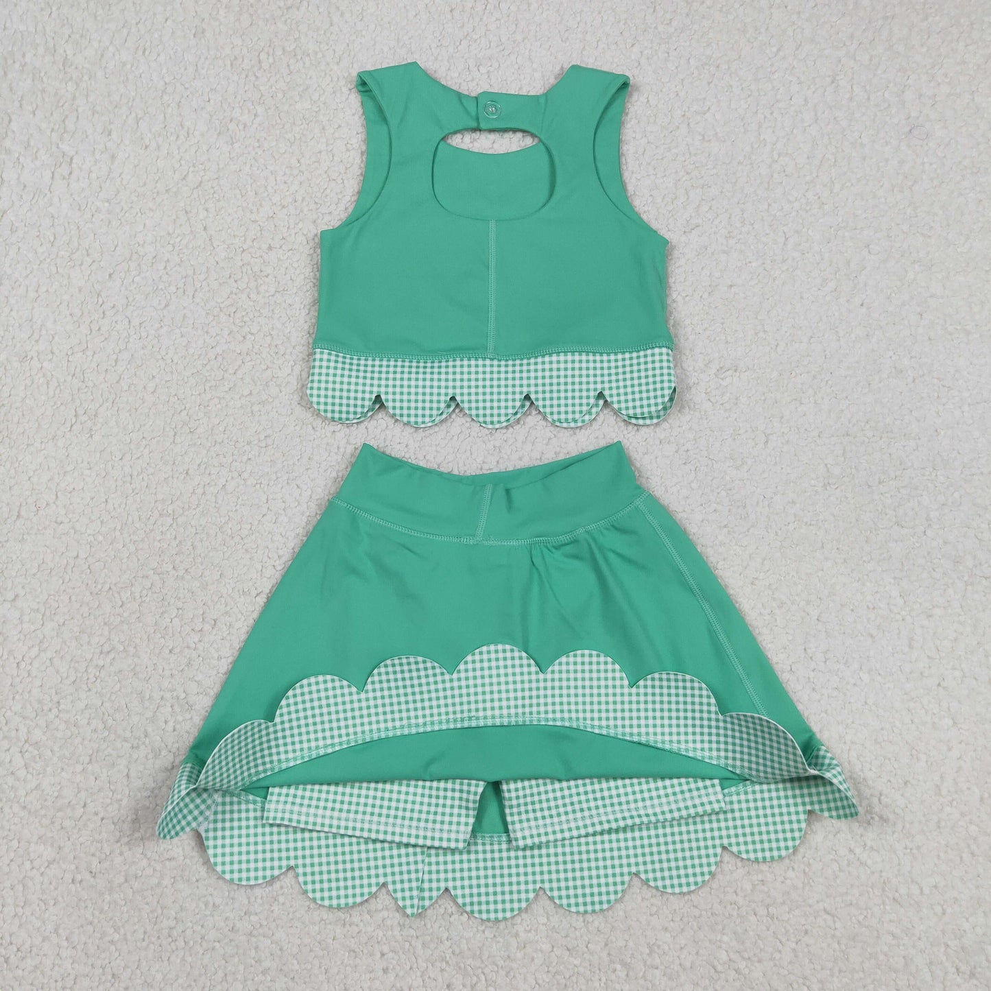 Sibling Baby Girls Kids Green Plaid Bows Skort Yoga Active Dress Set Scallop Clothes