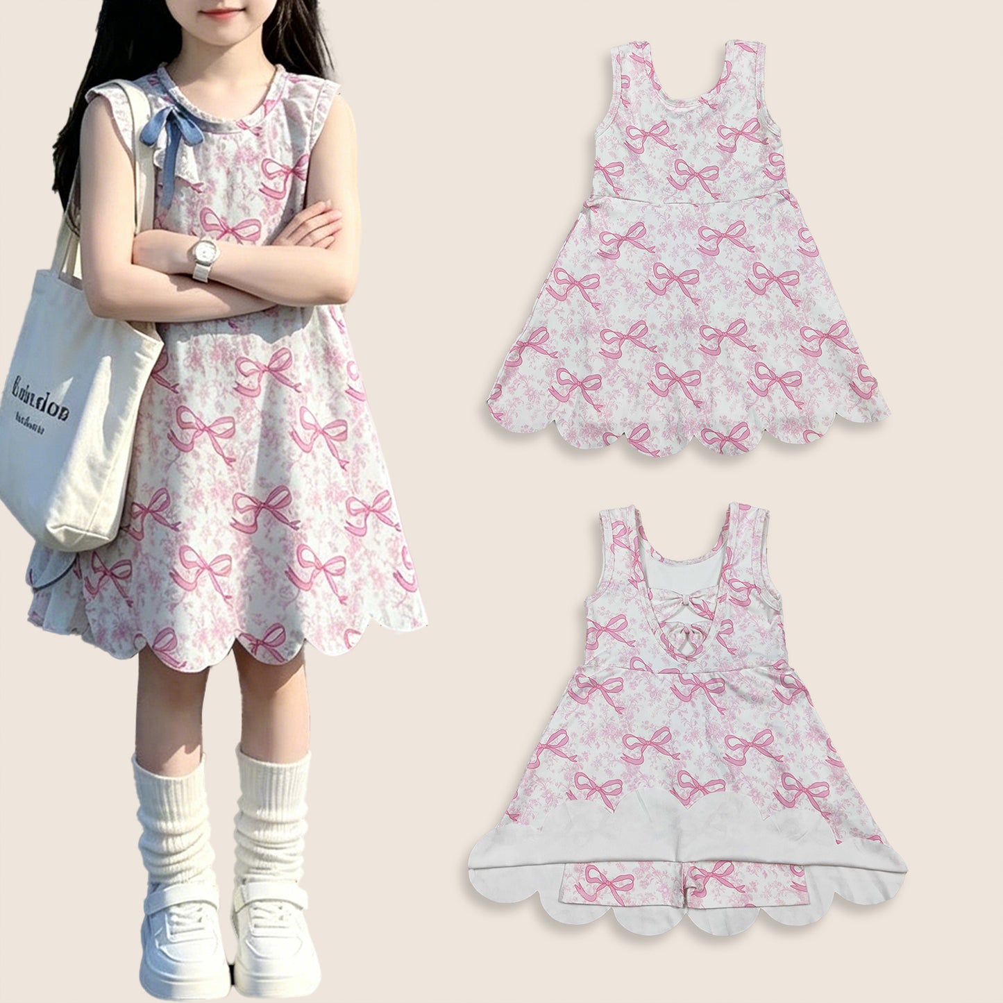 Baby Girls Kids Sleeveless Pink Bows Floral Scallop Yoga Knee Length Dress