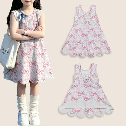 Baby Girls Kids Sleeveless Pink Bows Floral Scallop Yoga Knee Length Dress