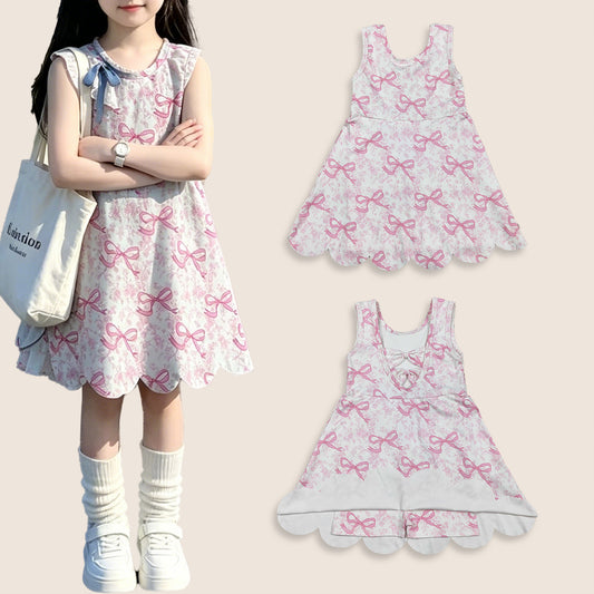 Baby Girls Kids Sleeveless Pink Bows Floral Scallop Yoga Knee Length Dress