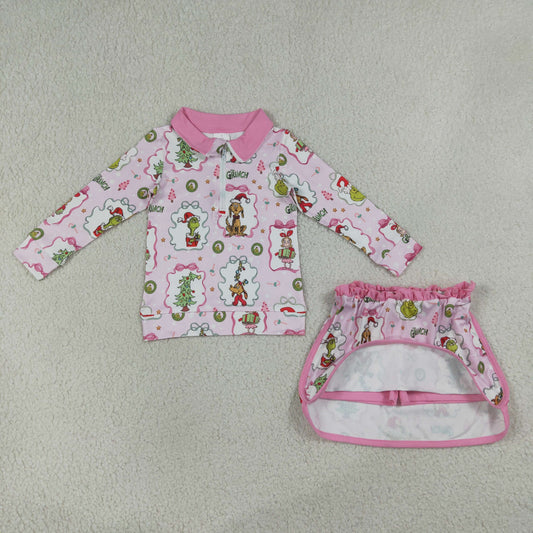 Baby Girls Kids Christmas Bows Face Zipper Pullover Skirt Shorts Pink Set Clothes