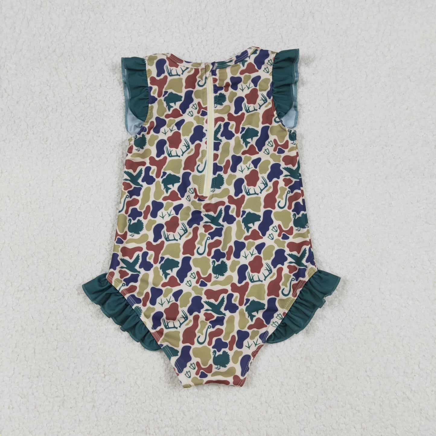 RTS Baby Girls Deer Ducks Camo Green Ruffle One-piece Swimsuit