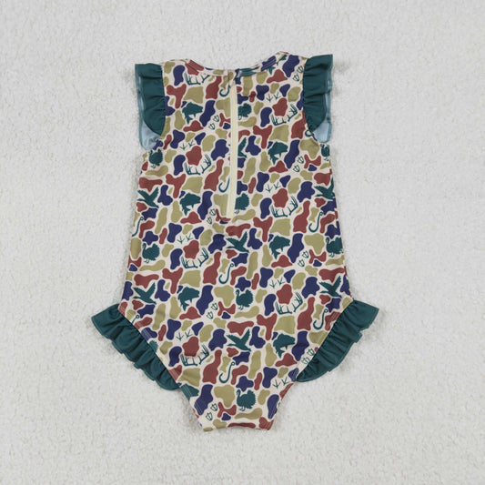 RTS Baby Girls Deer Ducks Camo Green Ruffle One-piece Swimsuit