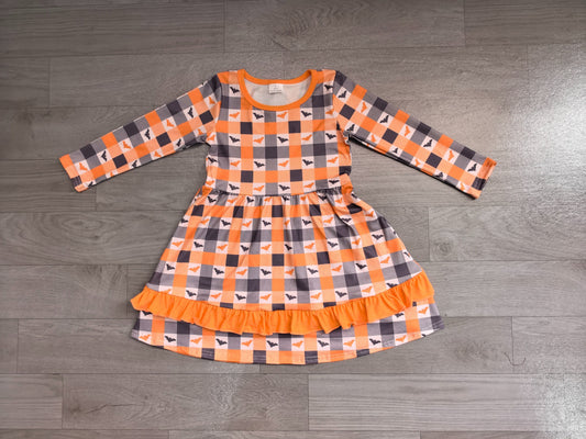 No moq Preorder Baby Girls Kids Long Sleeves Bats Plaid Halloween Knee Length Dress