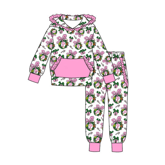 Moq 5 Preorder Baby Girls Kids Christmas Green Face Bows Hoodie Pullover Ruffle Pockets Pants Set Clothes