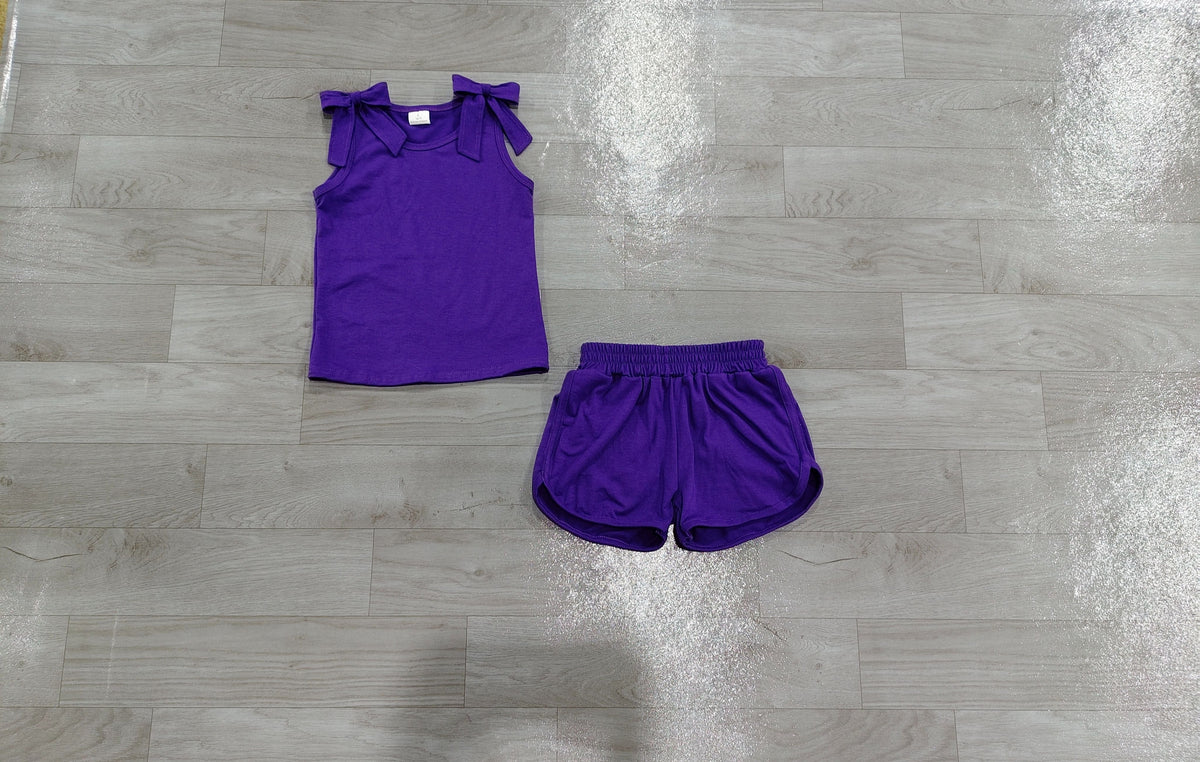 No moq Preorder Baby Girls Kids Sleeveless Bows Shirt Shorts Purple Set Summer Clothes