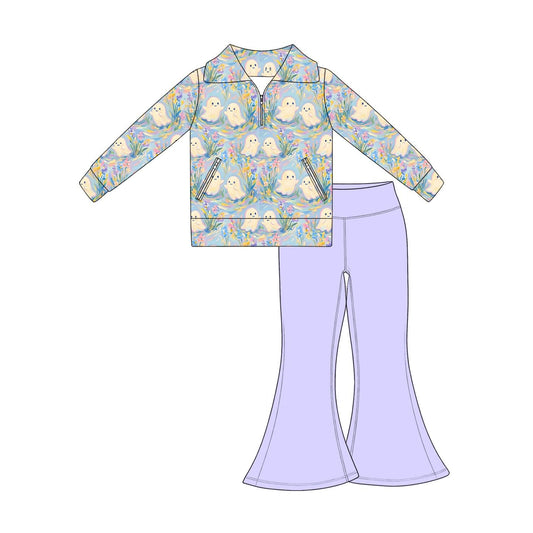 Moq 5 Preorder Baby Girls Kids Ghosts Flower Zipper Pockets Tops Purple Pants Set Halloween Clothes