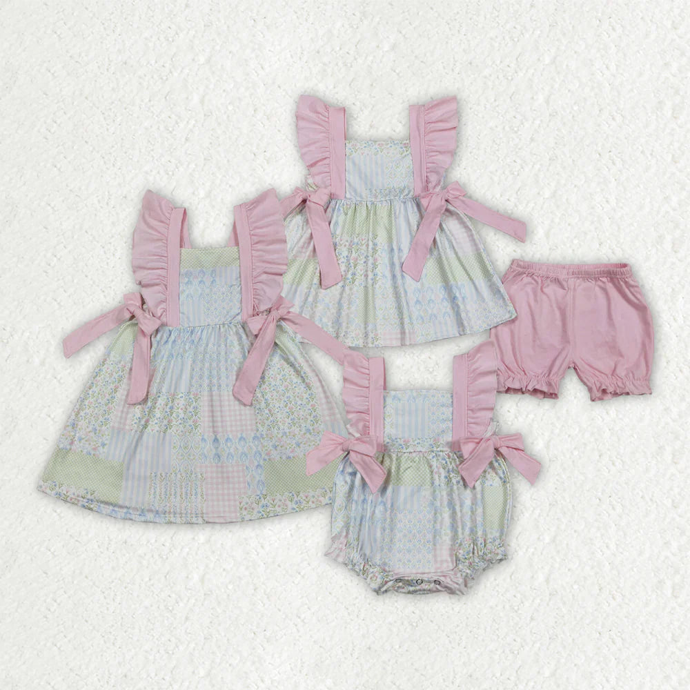 RTS Sibling Baby Girls Kids Short Sleeves Floral Pink Bows Summer Bubble Romper Dress