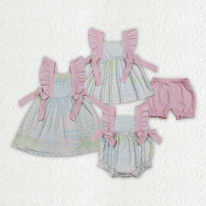 RTS Sibling Baby Girls Kids Short Sleeves Floral Pink Bows Summer Bubble Romper Dress