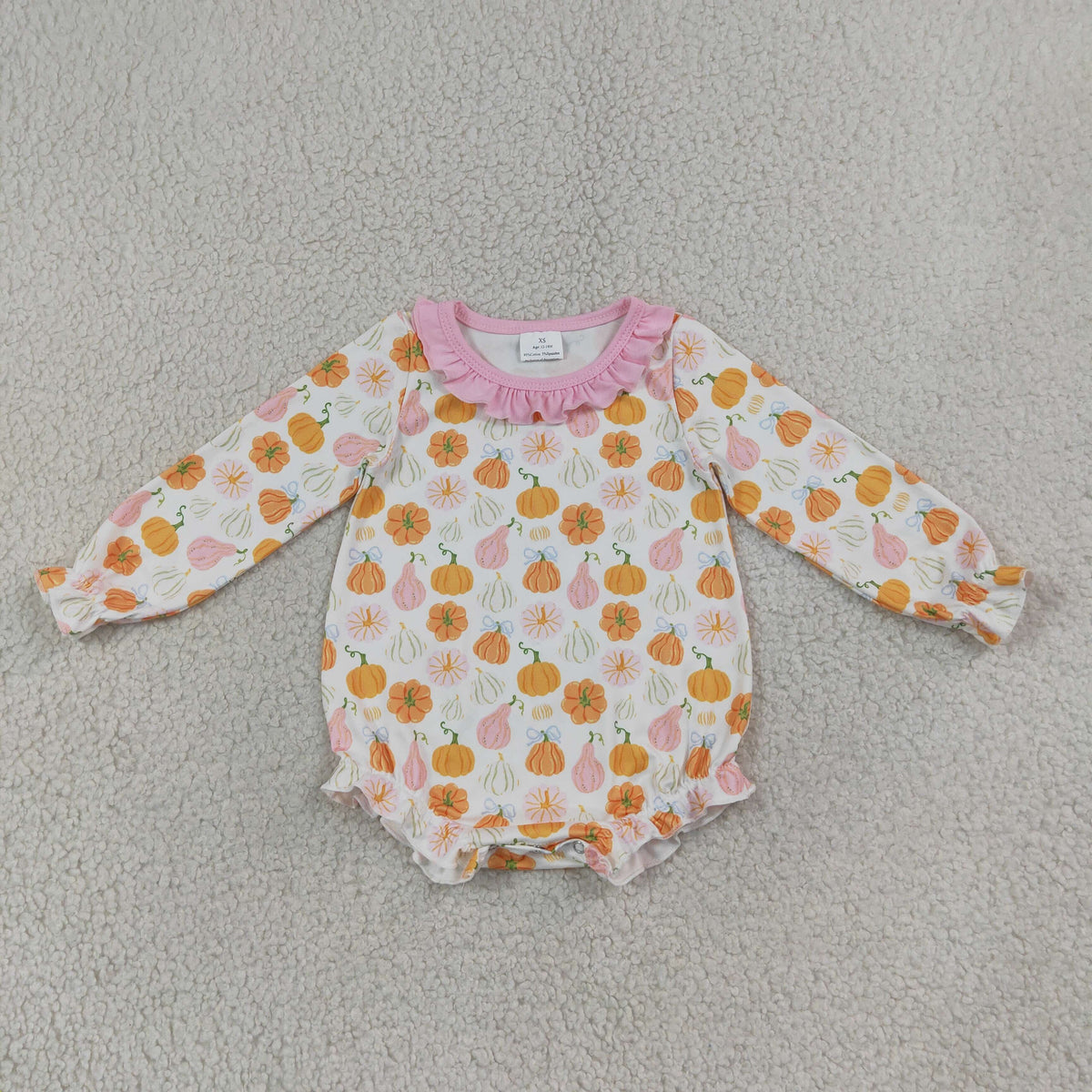 Baby Girls Infant Long Sleeve Pumpkins Bows Ruffle Bubble Romper