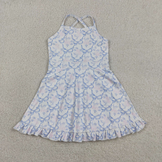 Baby Girls Kids Sleeveless Blue Bows Flower Shorts Knee Length Ruffle Dress
