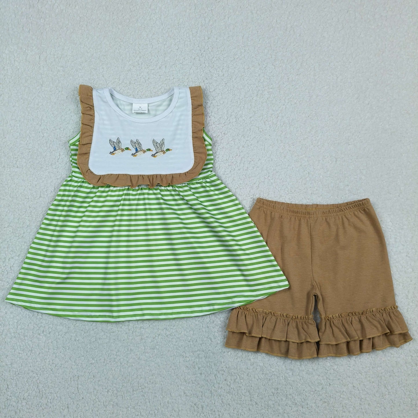 Baby Girls Kids Embroidery Ducks Green Stripes Tunic Ruffle Shorts Set