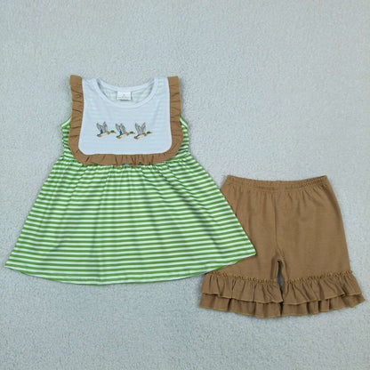 Baby Girls Kids Embroidery Ducks Green Stripes Tunic Ruffle Shorts Set