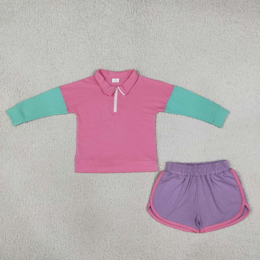 Toddler Girls Color Block Half Zip Collar Sweatshirt Athletic Shorts Cotton Set