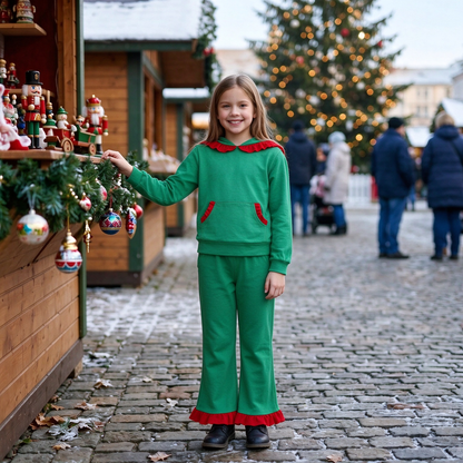 Baby Girls Kids Long Sleeves Red Ruffle Hoodie Pocket Cotton Pullover Pants Green Set Christmas Clothes RTS