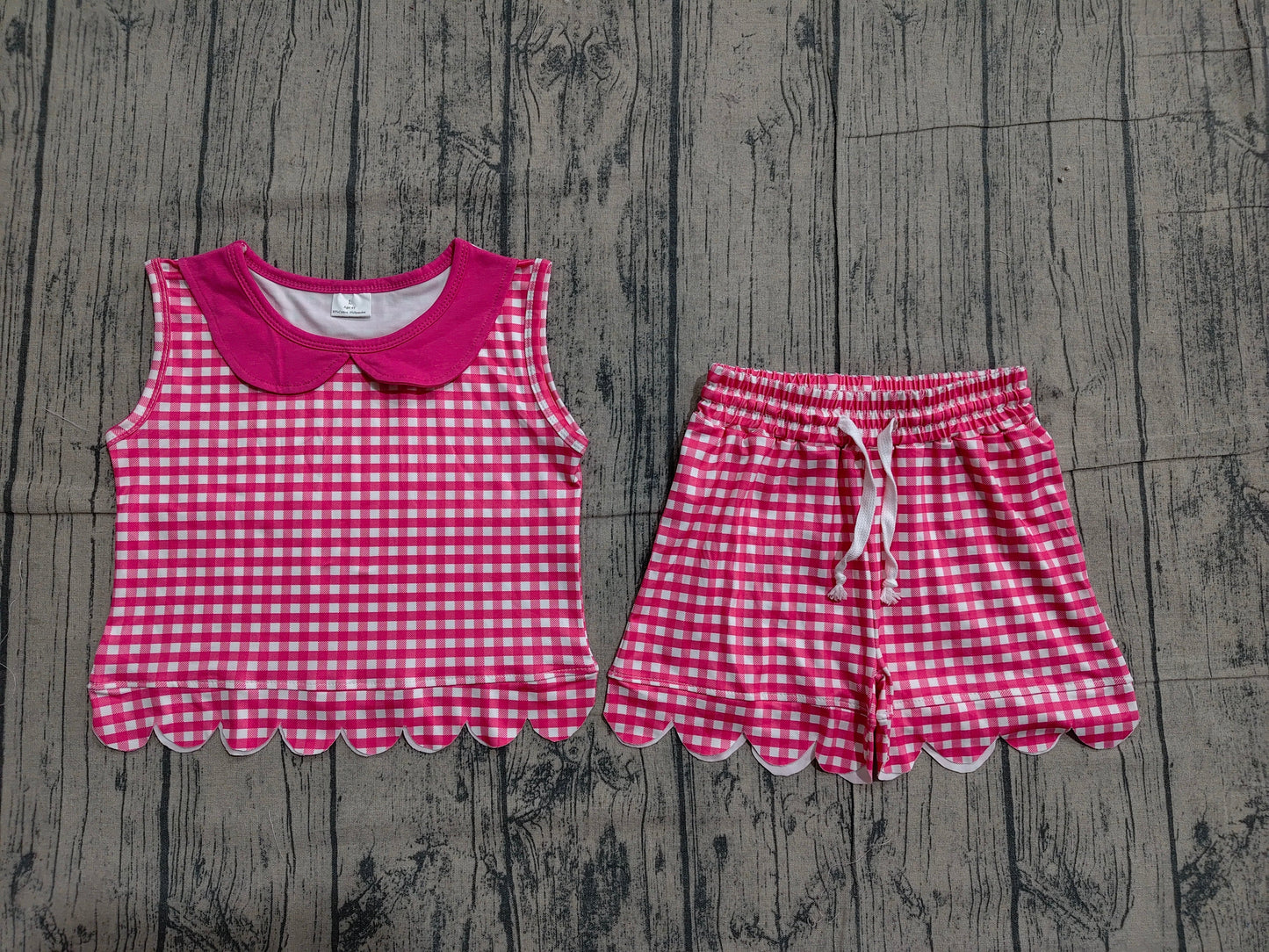 Preorder Baby Girls Kids Pink Plaid Shirt Scallop Shorts Summer Set Clothes