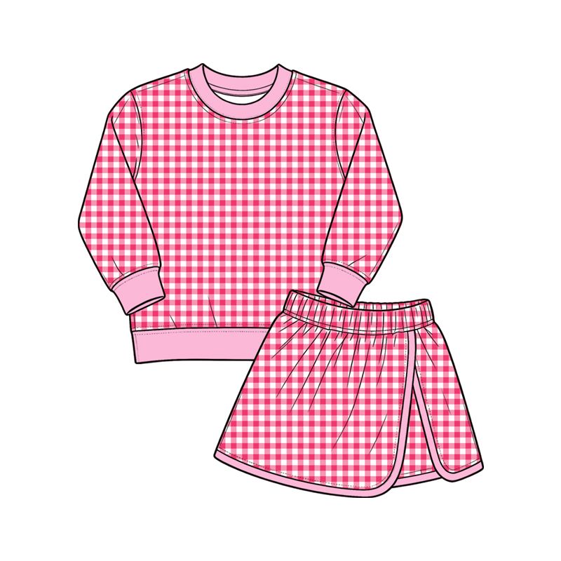 Moq 5 Preorder Baby Girls Kids Long Sleeves Pink Plaid Shirt Skirt Shorts Set Yoga Active Clothes