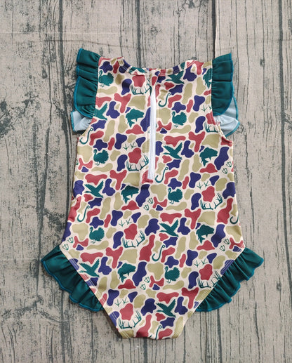 RTS Baby Girls Deer Ducks Camo Green Ruffle One-piece Swimsuit