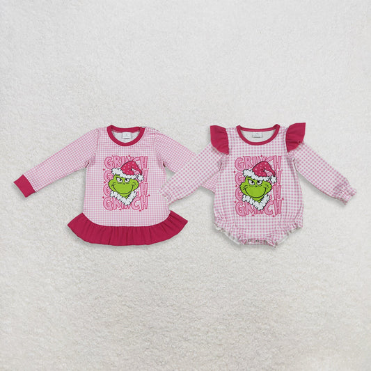 Sibling Baby Girls Kids Long Sleeves Green Face Christmas Plaid Romper Set Pink Clothes