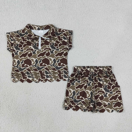 Baby Girls Kids Short Sleeves Camo Zipper Shirt Scallop Shorts Set Clothes