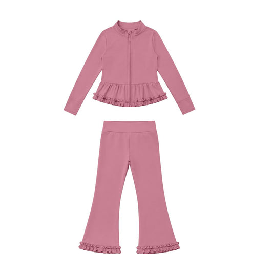 Moq 5 Preorder Baby Girls Kids Zipper Ruffle Cardigan Tops Pants Pink Set Yoga Active Clothes