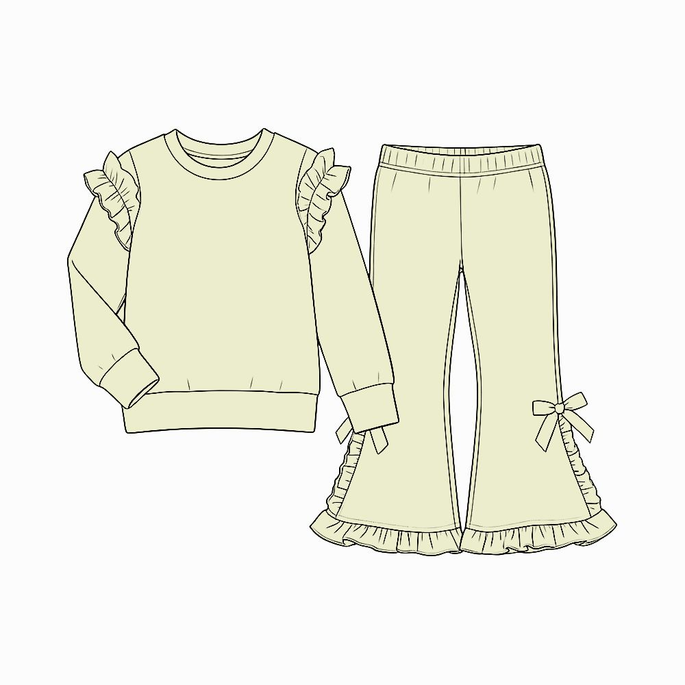 Moq 5 Preorder Baby Girls Kids Long Sleeves Shirt Bows Ruffle Pants Cotton Set Yellow Clothes