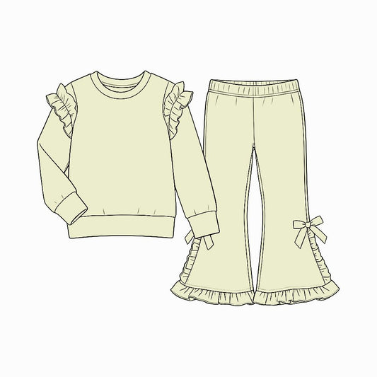 Moq 5 Preorder Baby Girls Kids Long Sleeves Shirt Bows Ruffle Pants Cotton Set Yellow Clothes