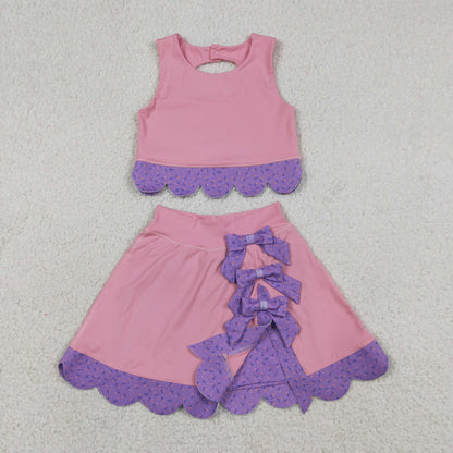 Baby Girls Kids Sleeveless Pink Tops Purple Bows Skirt Shorts Yoga Clothes Set