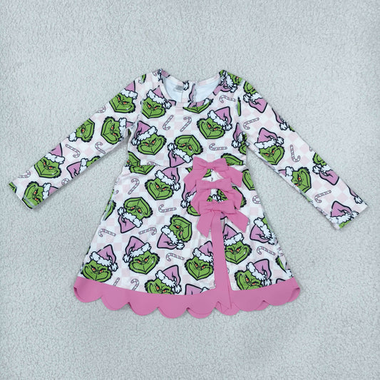 Baby Girls Kids Long Sleeves Christmas Green Face Bows Scallop Dress Yoga Active Clothes