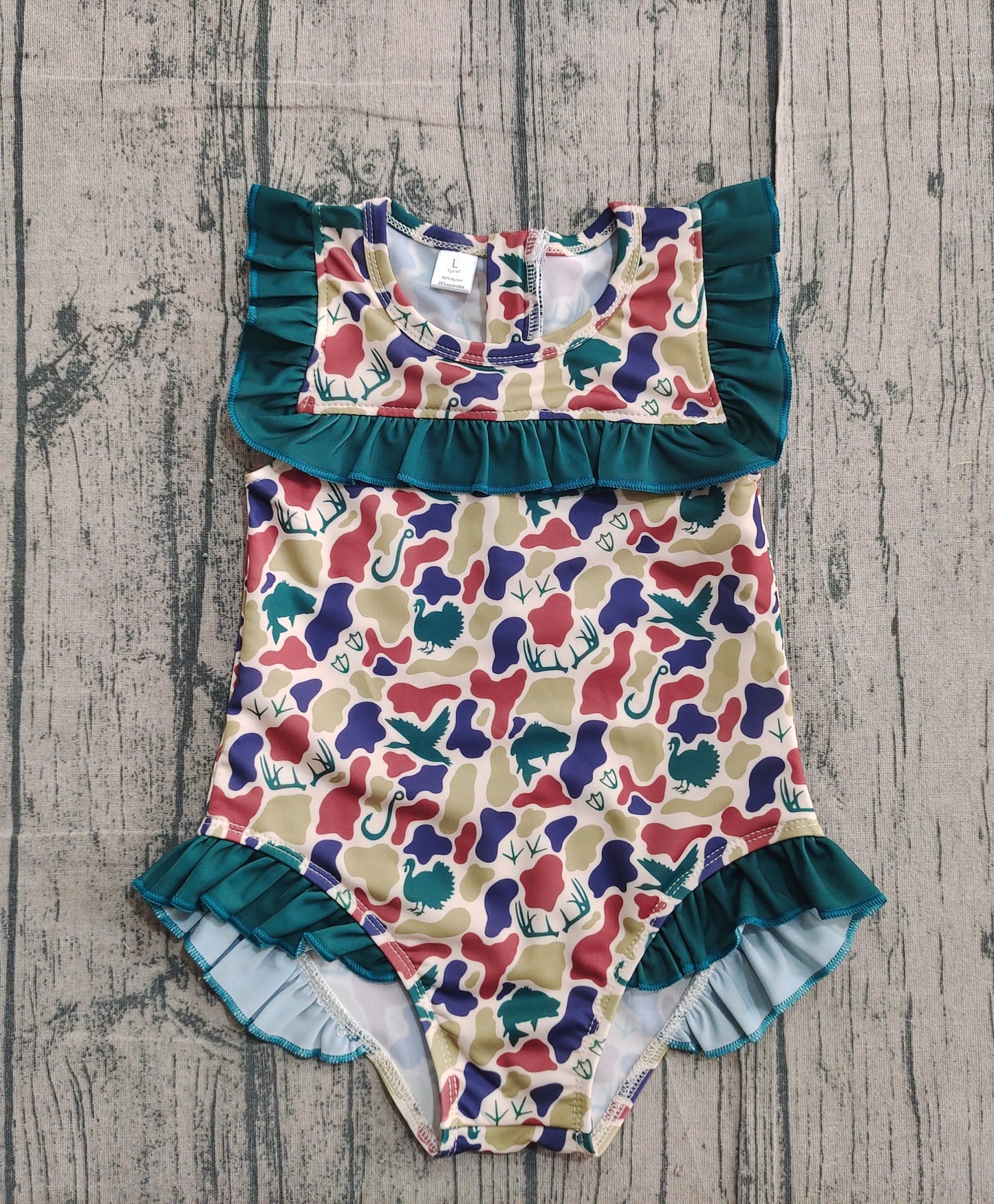 RTS Baby Girls Deer Ducks Camo Green Ruffle One-piece Swimsuit