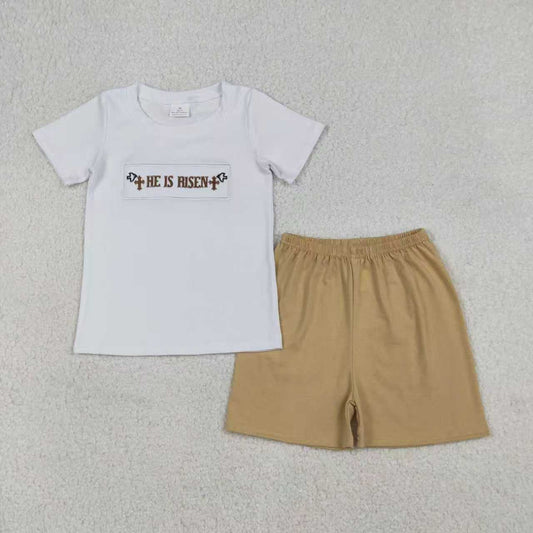 Sibling Baby Boys Girls Short Sleeves Embroidery He is Risen Cross Easter Dress Set