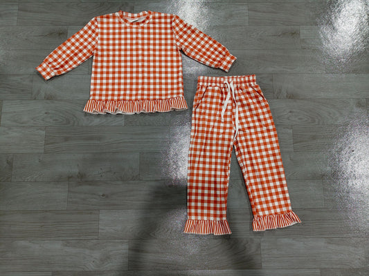 No moq Preorder Baby Girls Kids Long Sleeves Orange Plaid Shirt Ruffle Pants Set Clothes