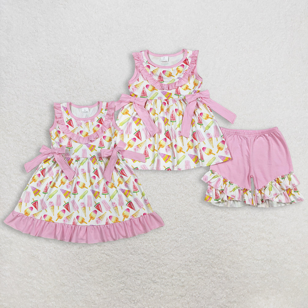 RTS Sibling Baby Girls Sleeveless Popsicles Pink Bows Summer Knee Length Dress Set